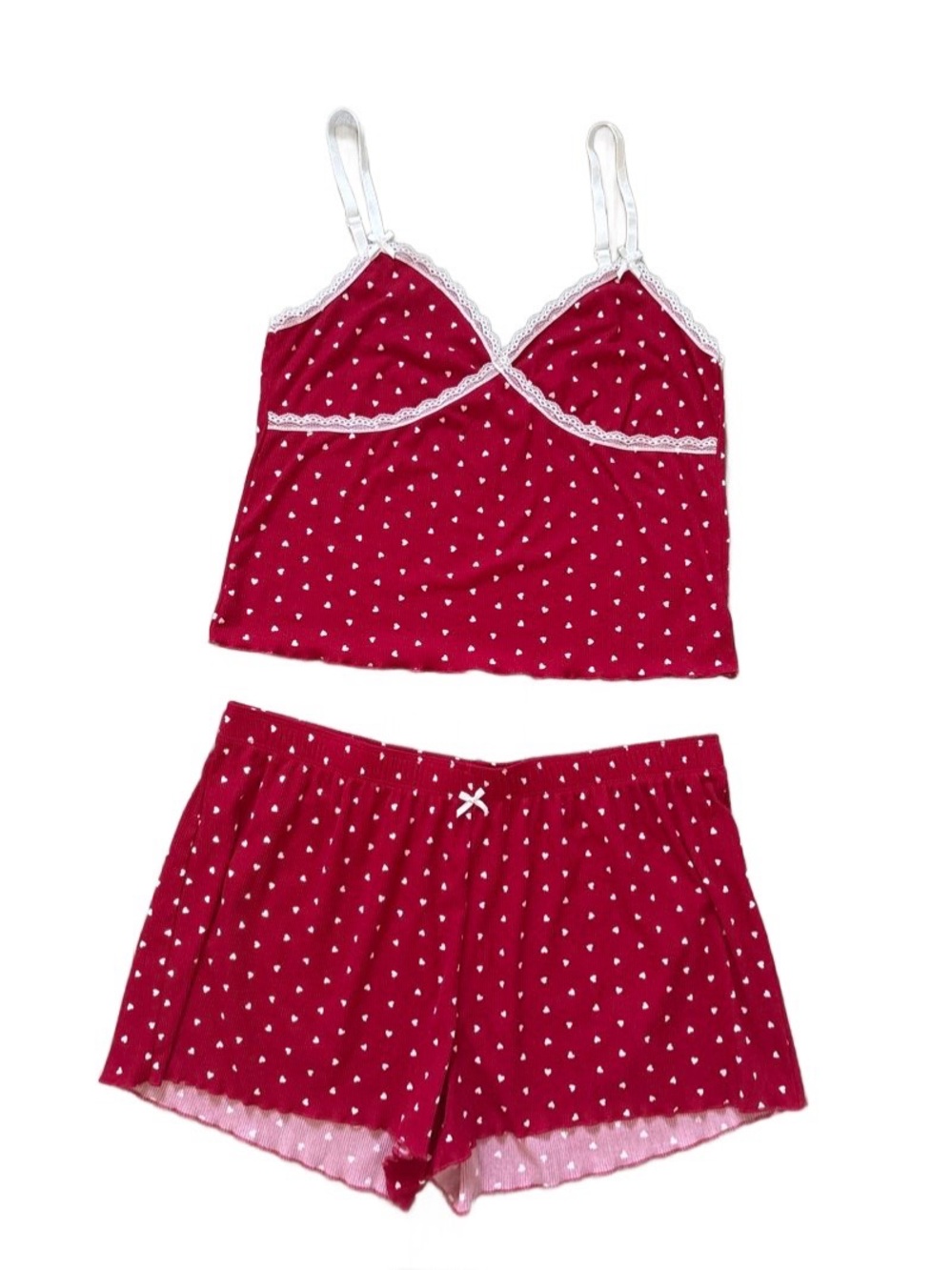 Women’s Red Heart-Print Lace Trim Camisole & Shorts Sleep Set